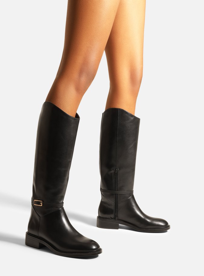 Bota Preta Couro Cano Longo Montaria Fivela