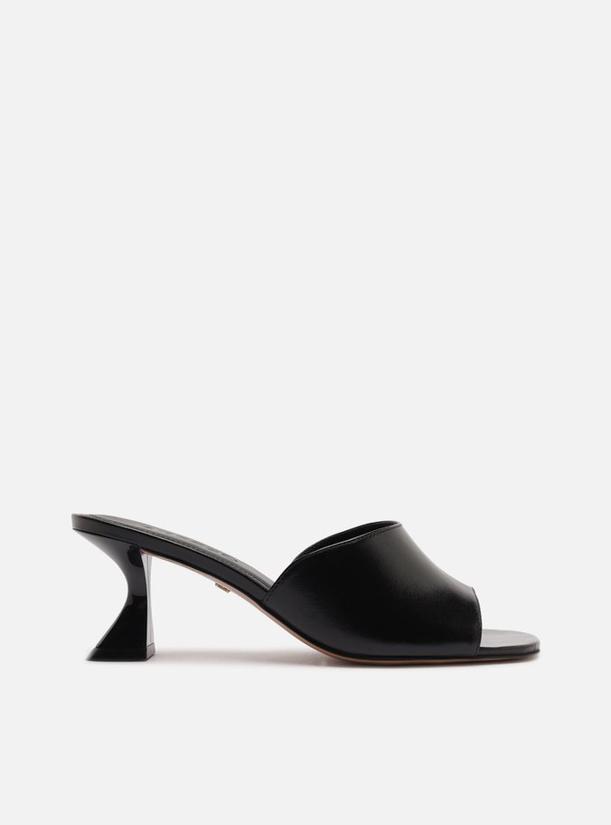 Tamanco Preta Couro Salto Médio Geométrico