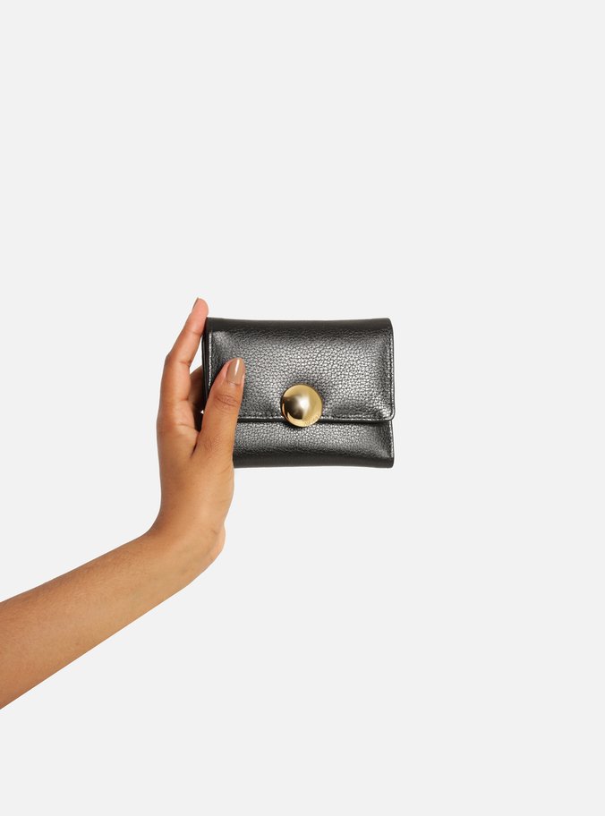 Carteira Preta Couro Média Envelope Metal