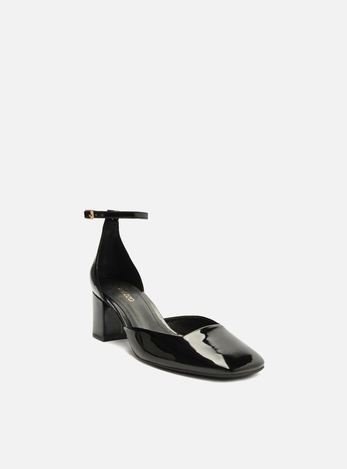 Scarpin Preto Verniz Salto Bloco Bico Quadrado
