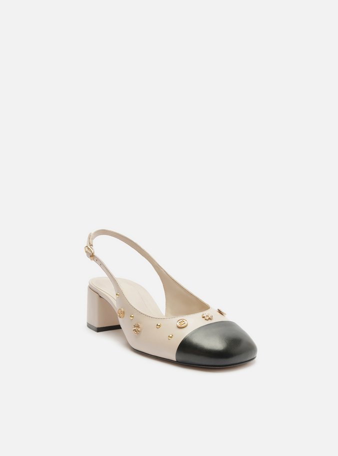 Scarpin Bege Couro Slingback Aplicações