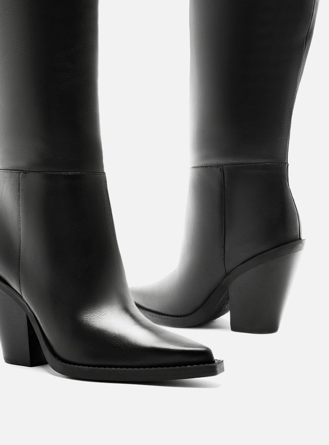 Bota Preta Couro Cano Longo Salto Alto Bloco