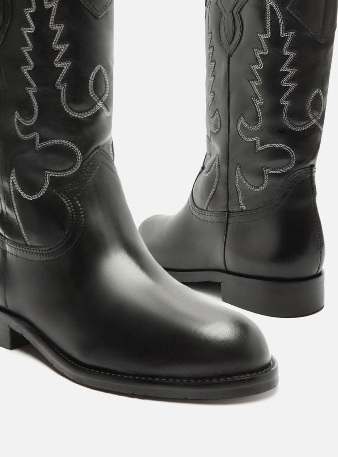 Bota Preta Couro Cano Longo Bordado Western