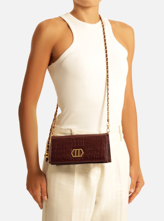 Clutch Vinho Couro Croco Pequena Metal