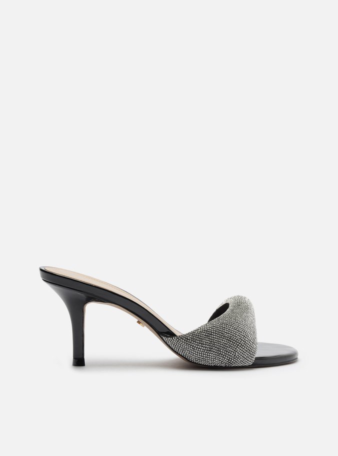 Mule Preta Salto Fino Tira Bold Strass