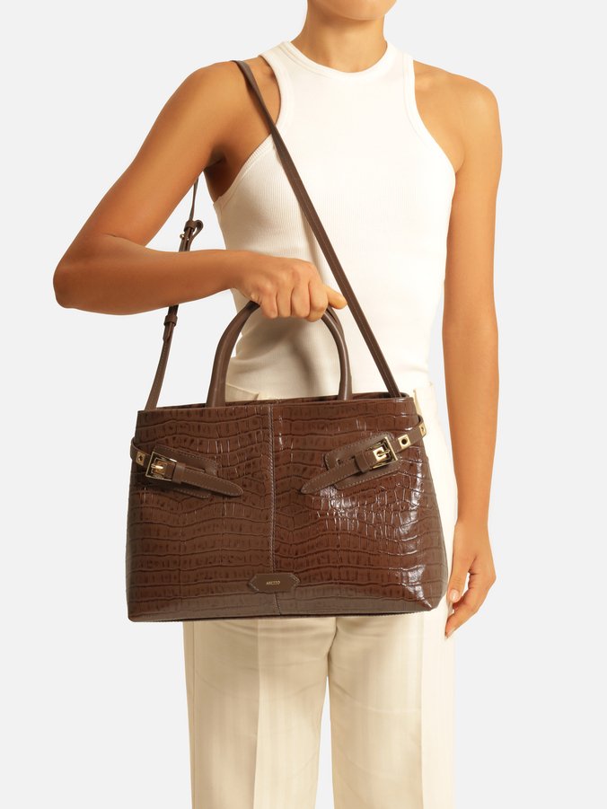 Bolsa Tote Marrom Couro Croco Grande Fivelas