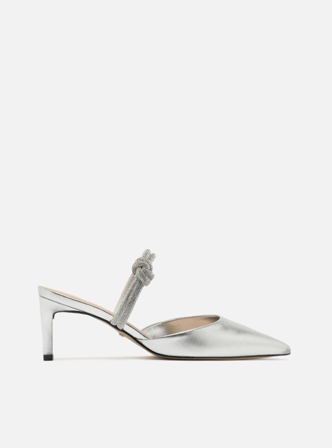 Scarpin Prata Couro Aberto Tiras Strass