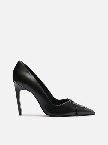 Scarpin Preto Couro Salto Alto Fino Lacing