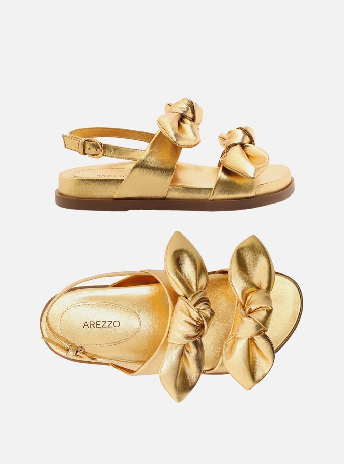 Sandália Rasteira Dourada Couro Flatform Laços