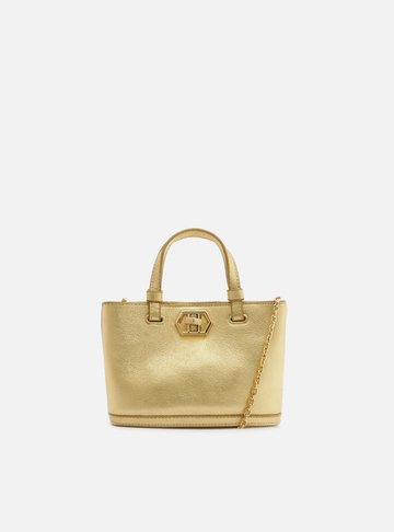 Bolsa Tote Dourada Couro Pequena Encaixe Metal