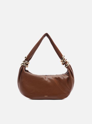 Arezzo — Bolsa Hobo Marrom Couro Média Argolas Douradas