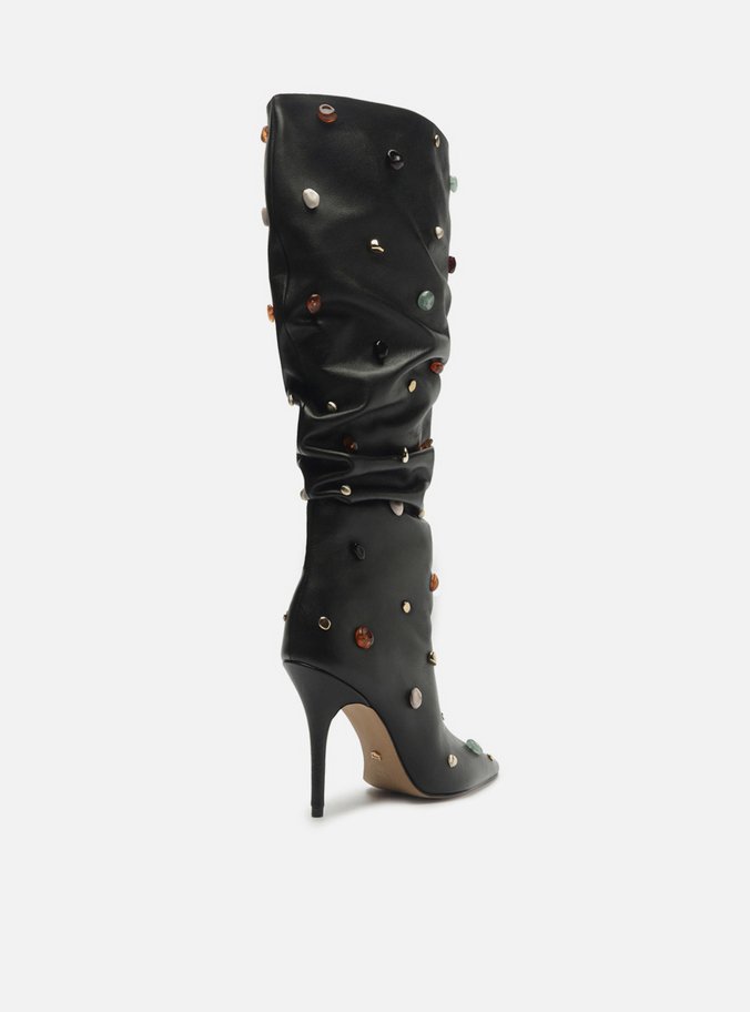 Bota Preta Couro Salto Fino Slouchy Pedras