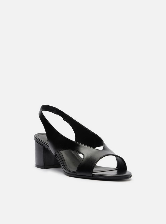Sandália Preta Couro Bloco Tira Larga Slingback