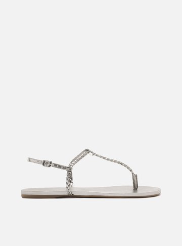 Sandália Rasteira Prata Slim Tiras Trançadas