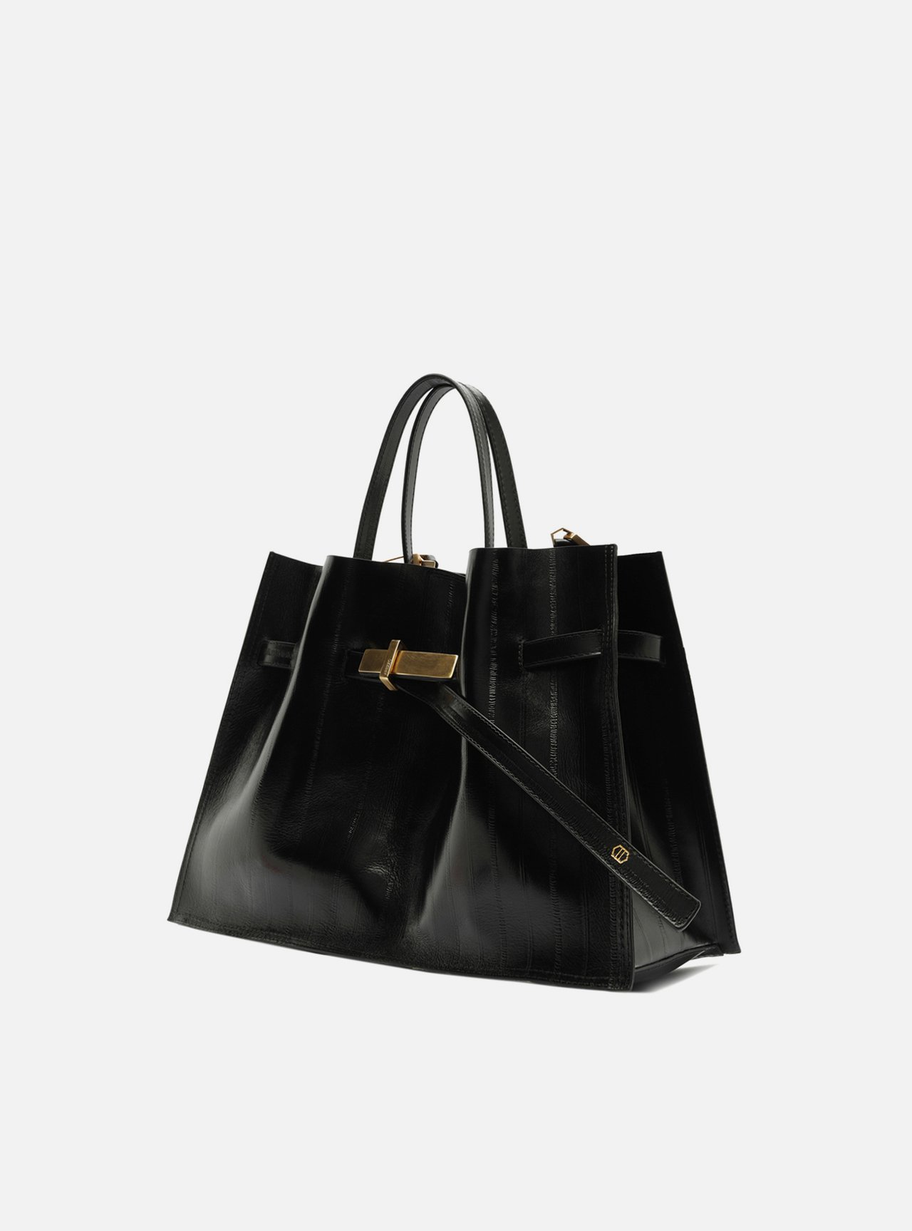 Bolsa Tote Preta Couro Grande Tira Metal — foto 2