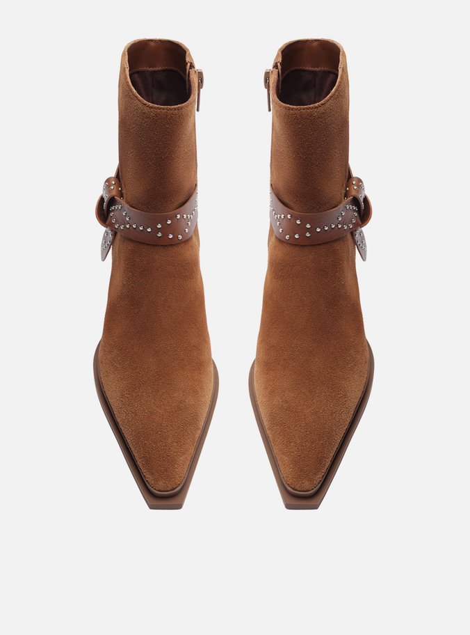 Bota Marrom Suede Salto Bloco Laço Rebites