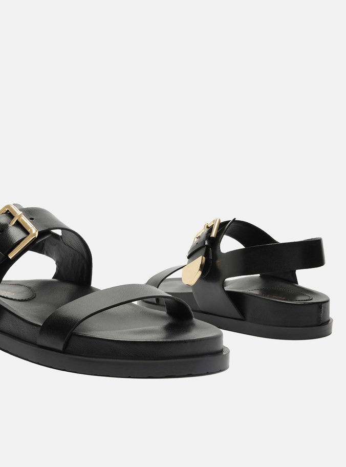 Sandália Rasteira Preta Couro Maxi Fivela