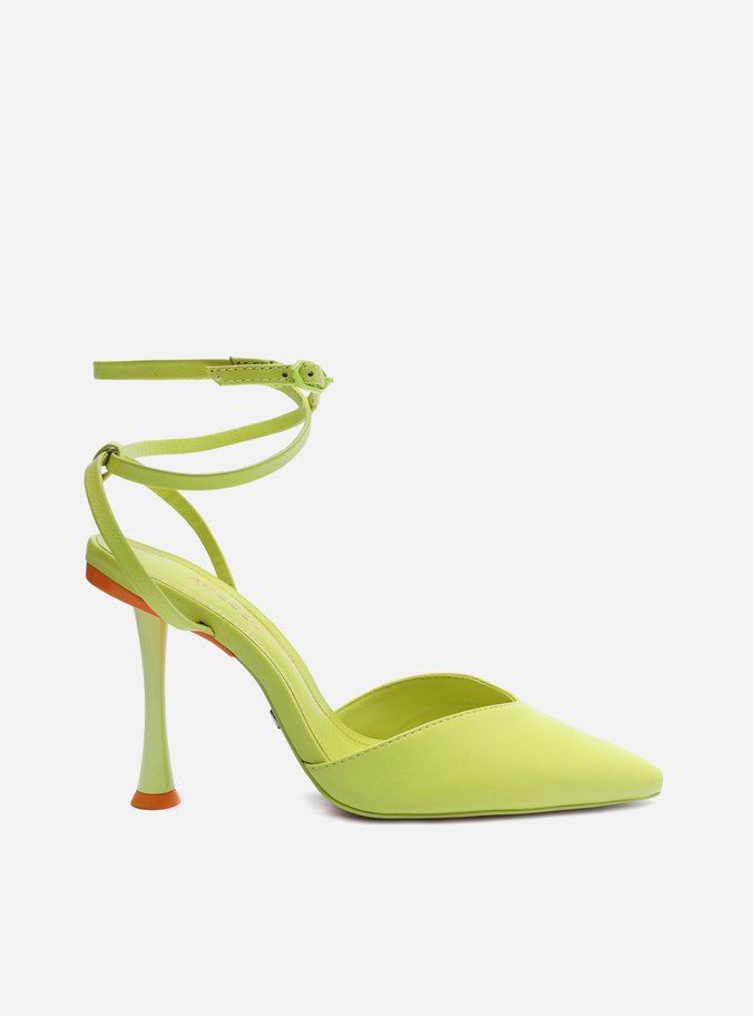 Scarpin Verde Lima Couro Bico Fino Tiras Estampado