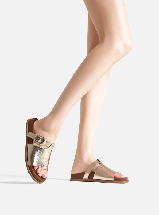 Sandália Papete Slide Dourada Couro Fivela