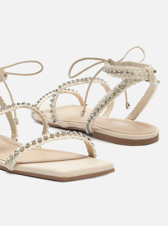 Sandália Rasteira Off-White Strass Mykonos
