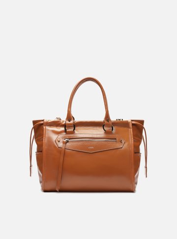 Bolsa Tote Marrom Couro Média Bolso Frontal