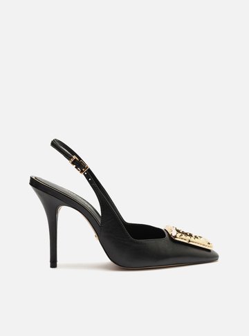 Scarpin Preto Couro Bico Quadrado Slingback Metal
