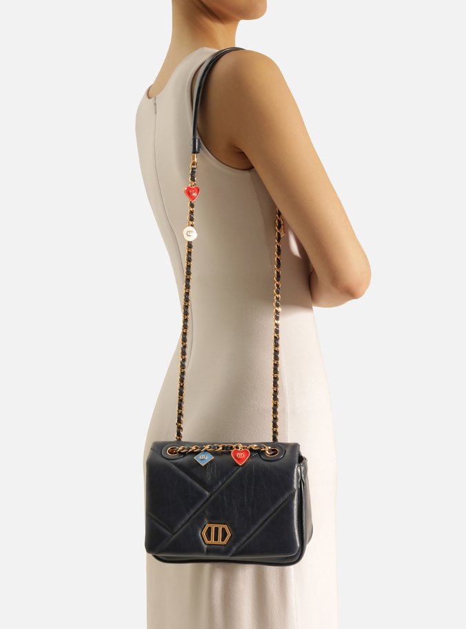 Bolsa Tiracolo Azul Couro Pequena Pingentes