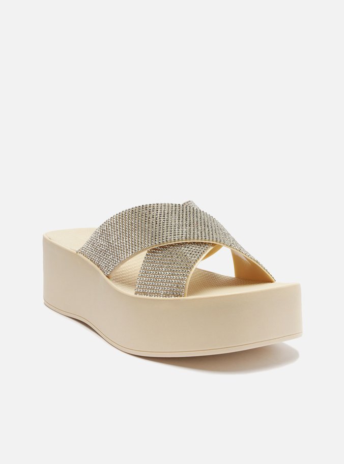 Tamanco Branca Flatform Tiras Strass Lulu