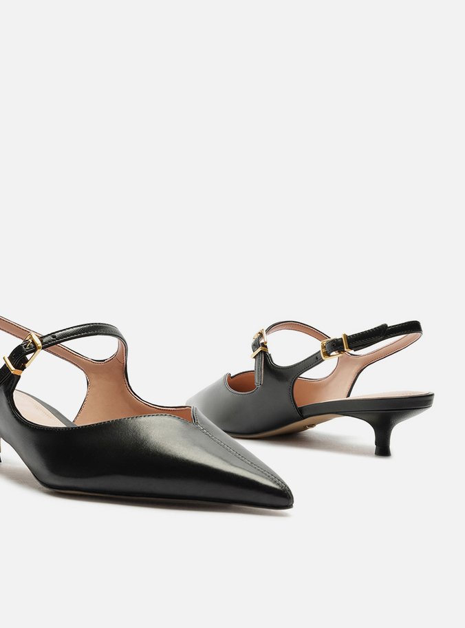 Sapato Boneca Preto Couro Bico Fino Slingback