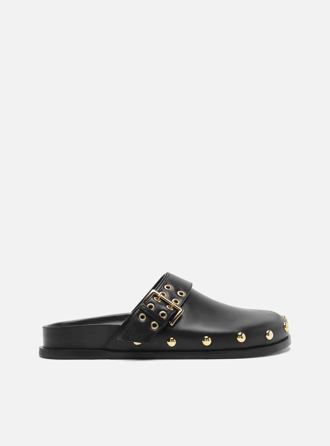 Clog Sabot Preta Couro Rasteira Fivela