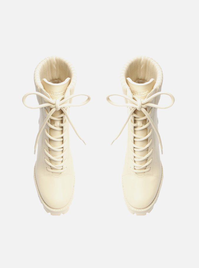 Bota Coturno Off-White Couro Salto Alto Tratorado