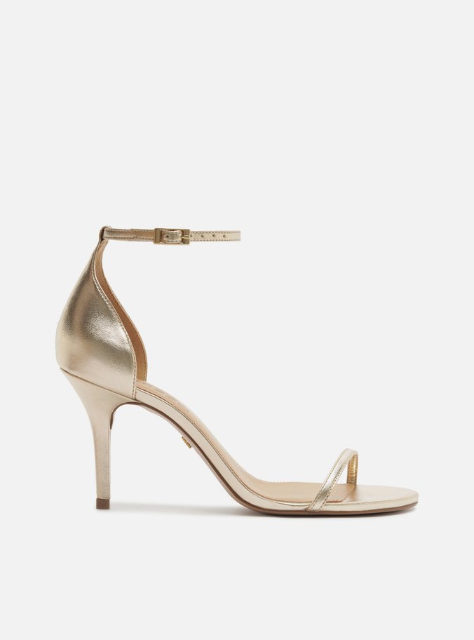 Sandália Dourada Couro Salto Fino Fivela