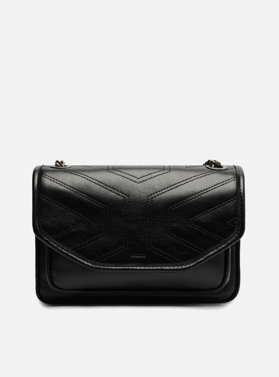 Bolsa Tiracolo Preta Couro Costuras Corrente