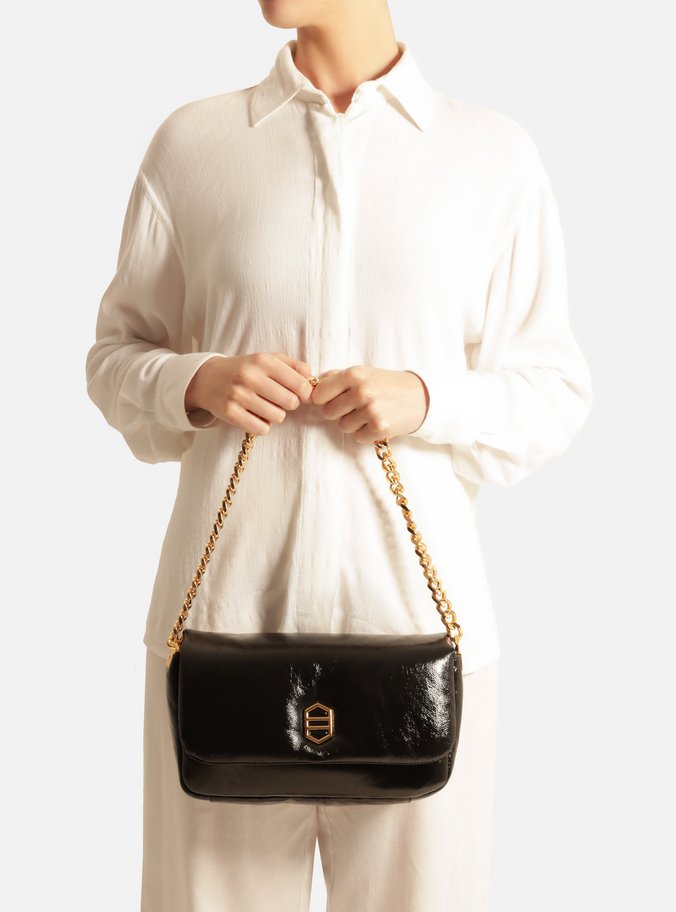 Bolsa Tiracolo Preta Couro Média Puffer