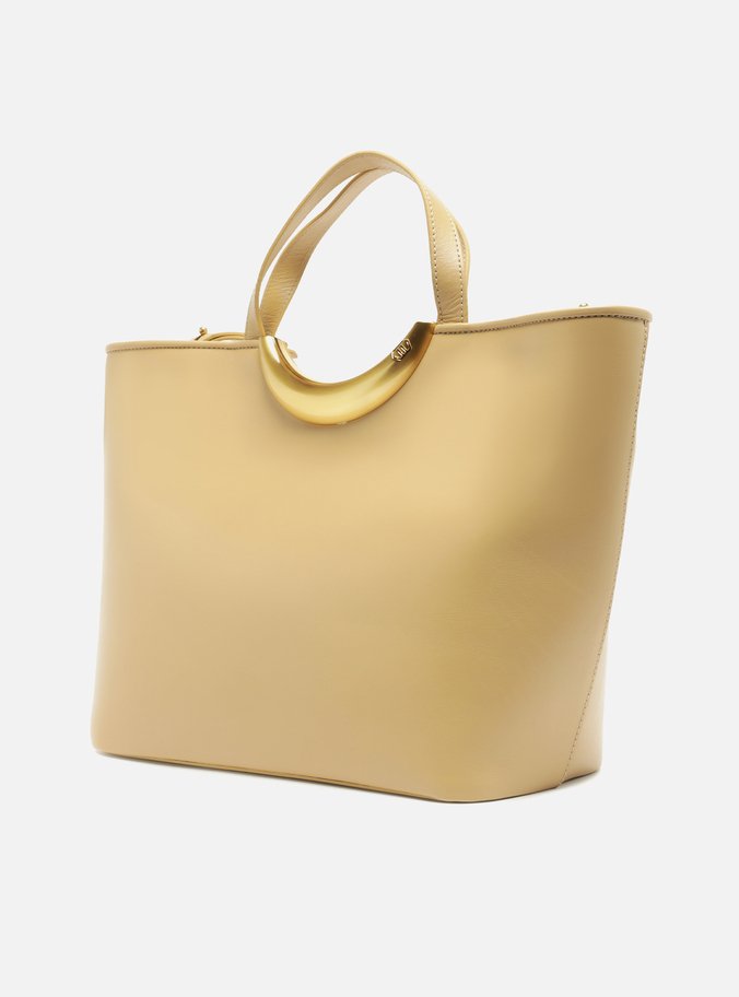 Bolsa Shopping Bege Couro Grande Metal Bold