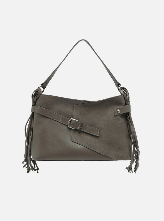 Bolsa Tote Cinza Couro Camurça Grande Tiras