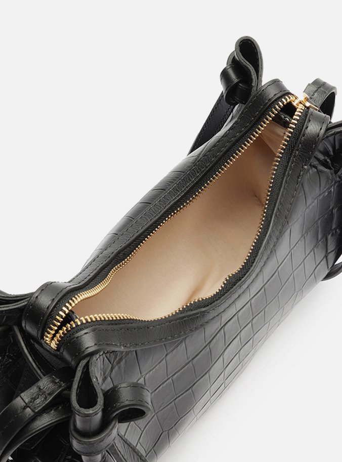 Bolsa Tiracolo Preta Couro Croco Média