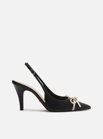 Scarpin Preto Couro Salto Médio Slingback Laço