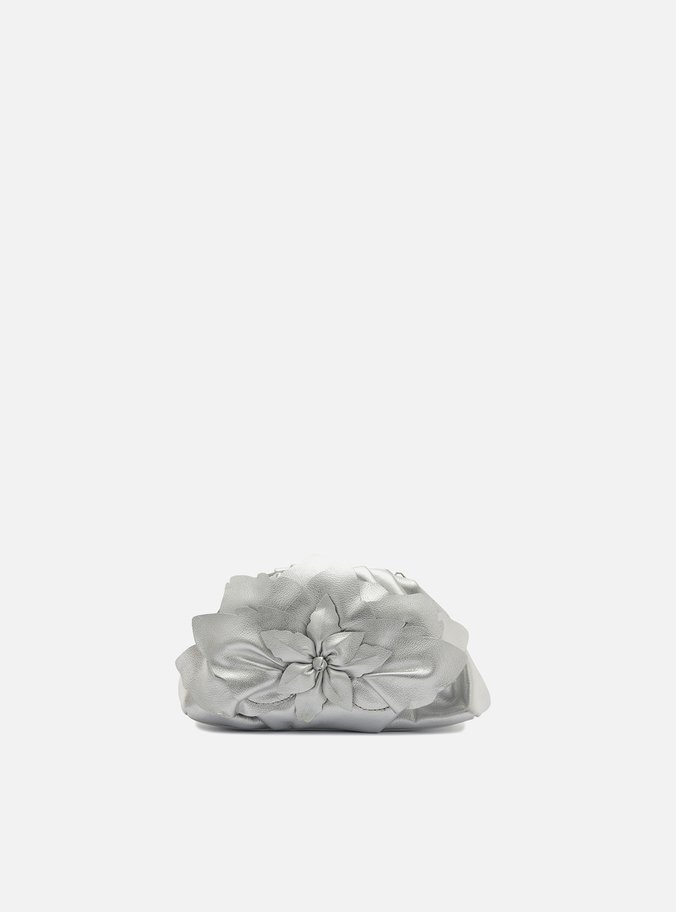 Bolsa Clutch Prata Couro Pequena Flor Corrente