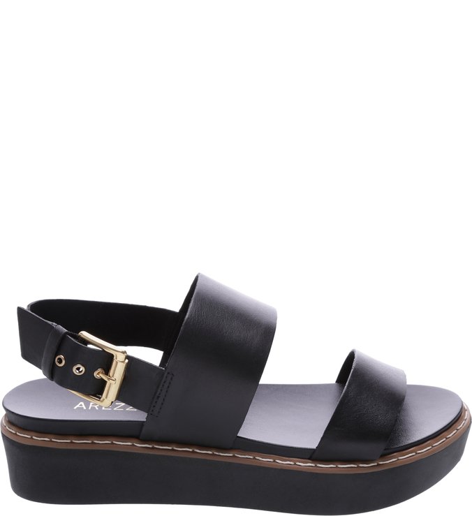 Sandália Couro Flatform Tiras Preta