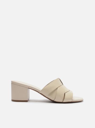 Mule Off-White Couro Salto Bloco Cabedal Tiras
