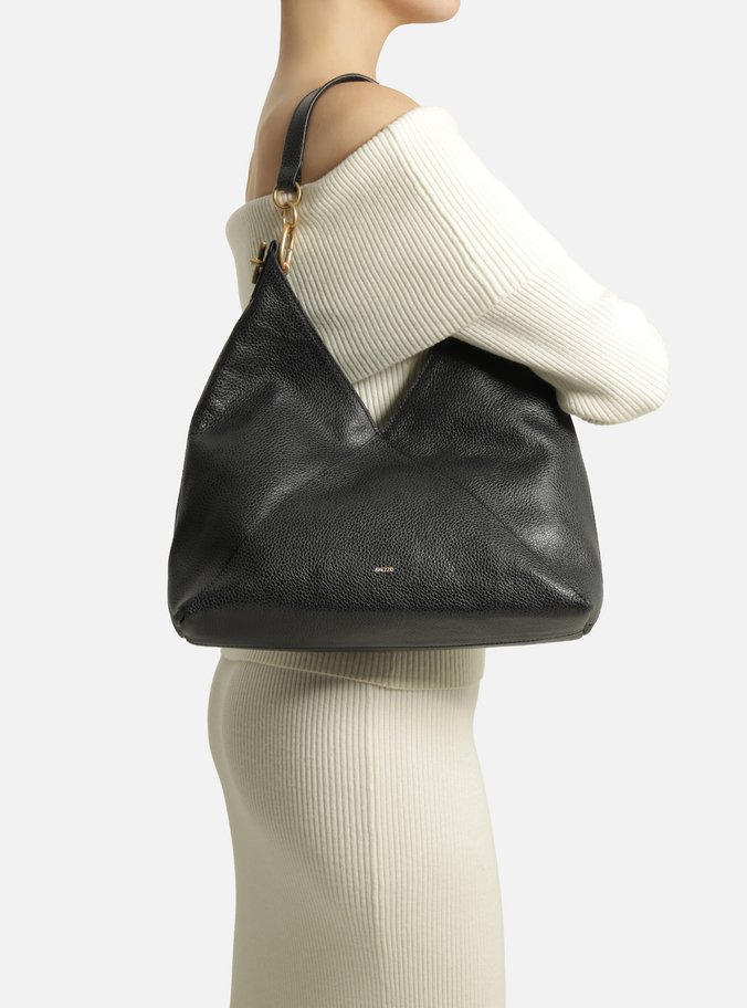 Bolsa Hobo Preta Couro Grande Recortes Metais