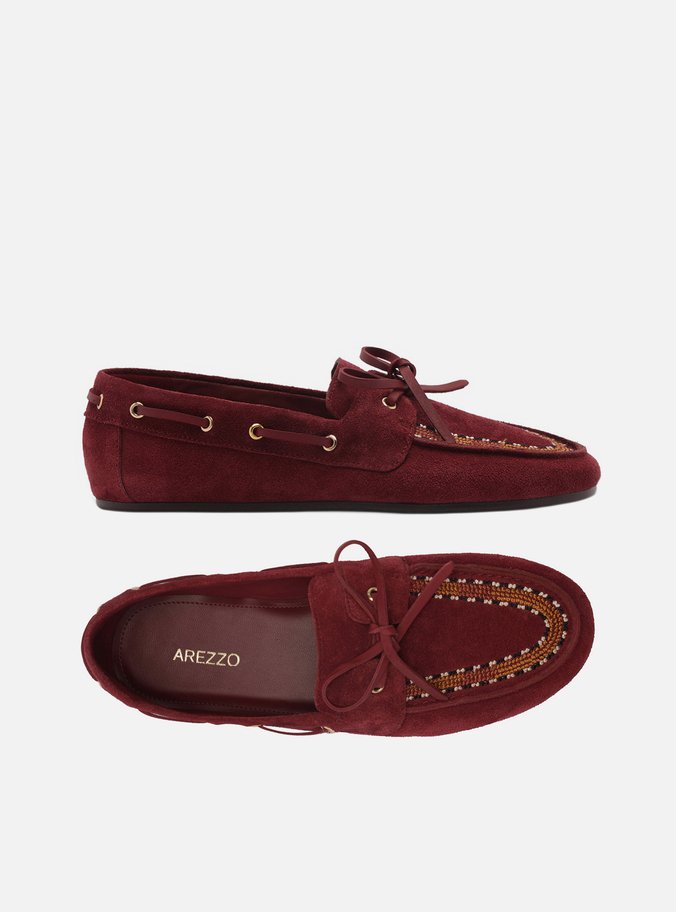 Mocassim Vinho Suede Bordado Retrô