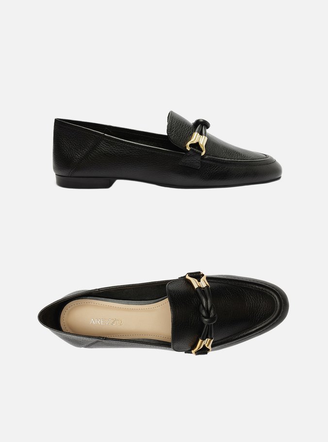 Mocassim Preto Couro Tiras Nó