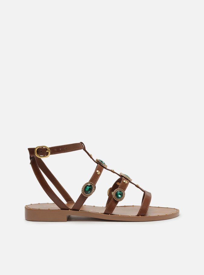 Sandália Rasteira Marrom Couro Gladiadora Pedrarias