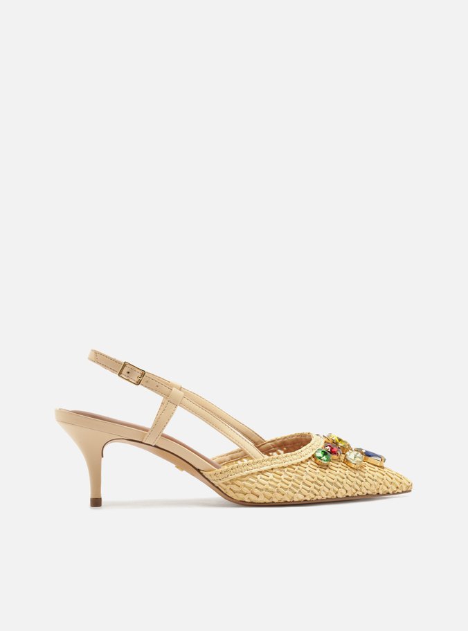 Scarpin Bege Palha Salto Fino Fivela Slingback