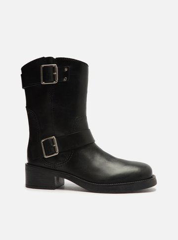 Bota Preta Couro Cano Médio Fivelas
