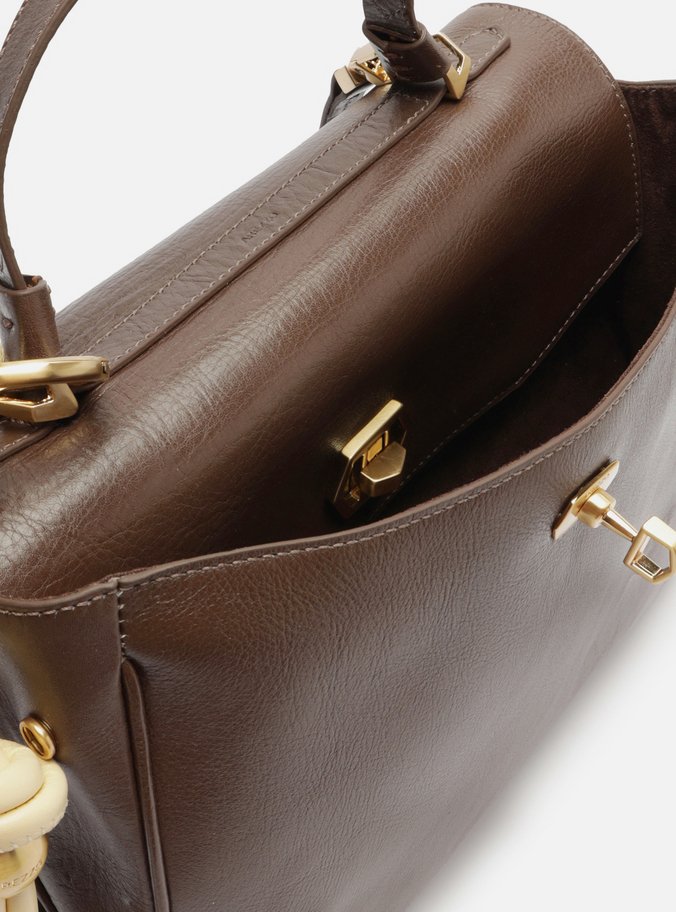 Bolsa Satchel Marrom Couro Média Bag Charm Nó
