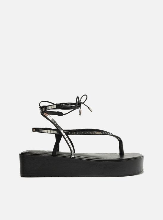 Sandália Preta Flatform Amarração Brilho