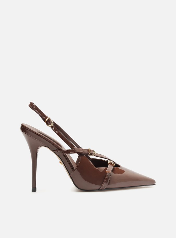 Scarpin Marrom Verniz Salto Alto Slingback Amélia